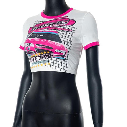 Short sleeve car pattern contrast patchwork crop top