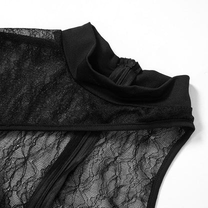 Long sleeve one shoulder lace see through solid high neck zip-up jumpsuit