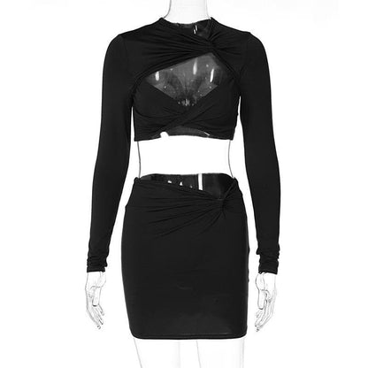 Knotted hollow out solid ruched long sleeve mini skirt set