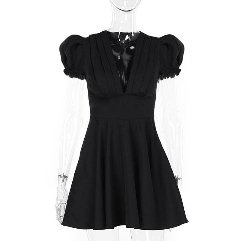 Short puff sleeve ruffle v neck self tie mini dress