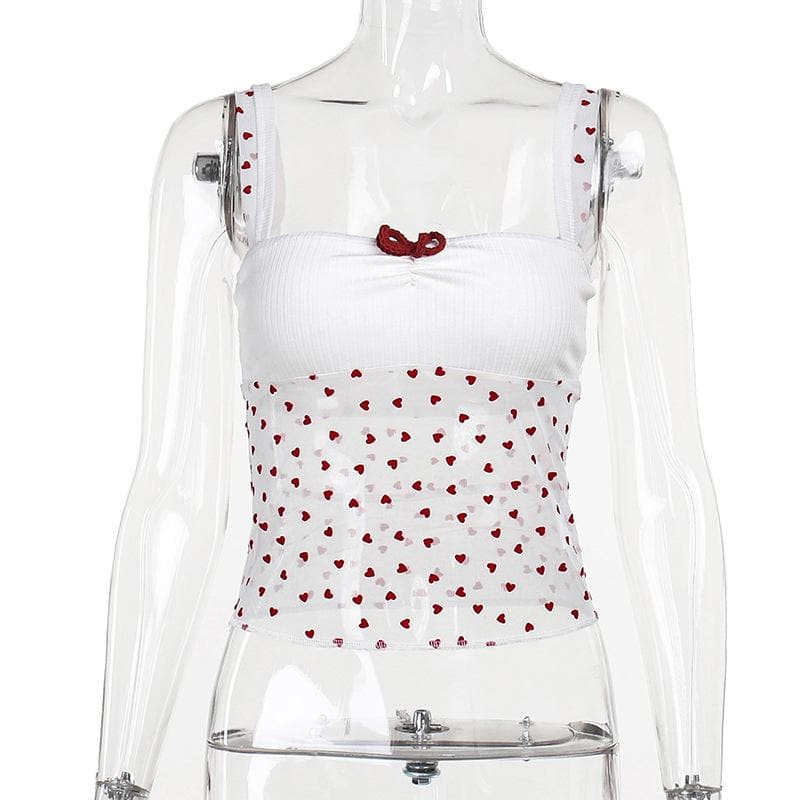 Bowknot ruched heart print mesh cami top