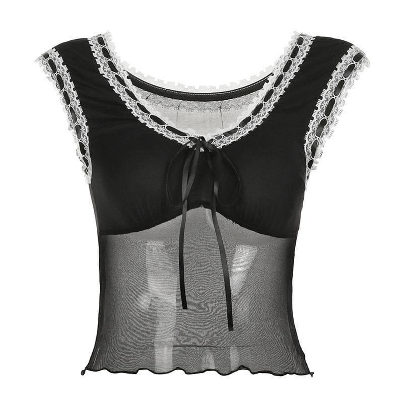 Lace hem mesh bowknot ribbon ruffle top