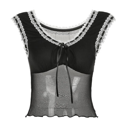Lace hem mesh bowknot ribbon ruffle top