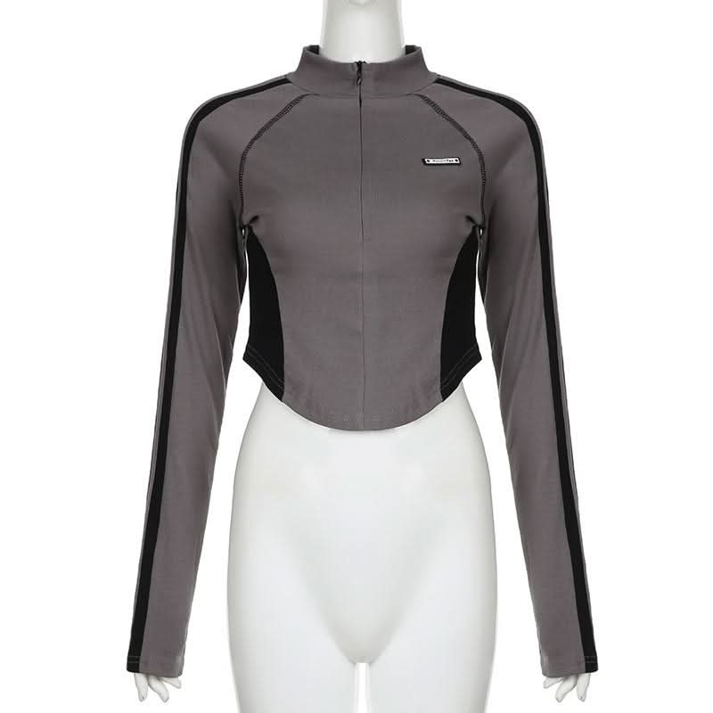 High neck long sleeve tag zip-up top