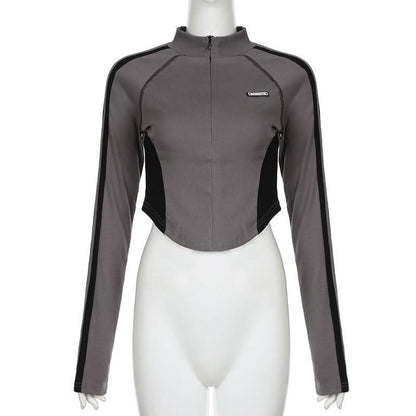 High neck long sleeve tag zip-up top