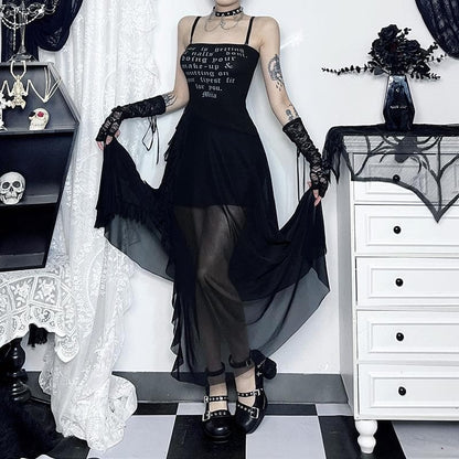 Mesh slit letter print ruffle cami maxi dress