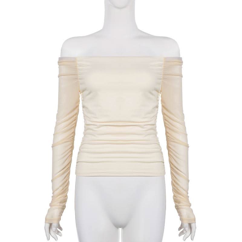 Long sleeve off shoulder mesh ruched top