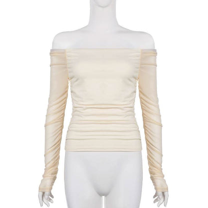 Long sleeve off shoulder mesh ruched top