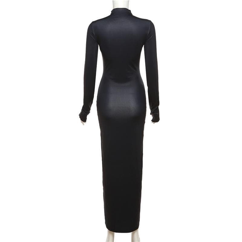 Mock Neck Long Sleeve Thumbhole Thermal Body Map Print Bodycon Maxi Dress