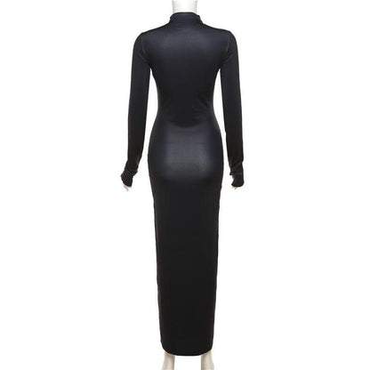 Mock Neck Long Sleeve Thumbhole Thermal Body Map Print Bodycon Maxi Dress