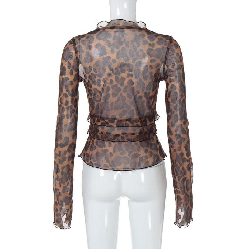 Long flared sleeve leopard print ruffle knotted sheer mesh top
