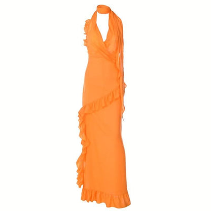Halter v neck backless ruffle zip-up solid maxi dress-final-sale
