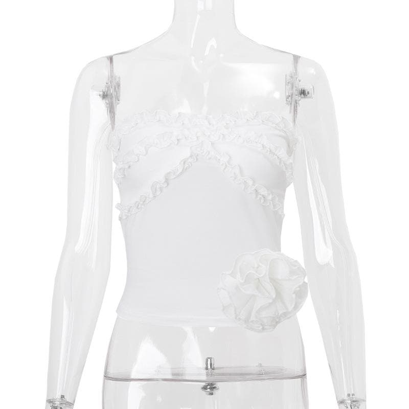 Flower applique ruffle ruched solid tube top