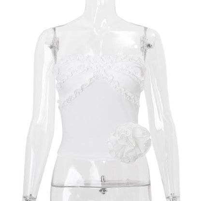 Flower applique ruffle ruched solid tube top