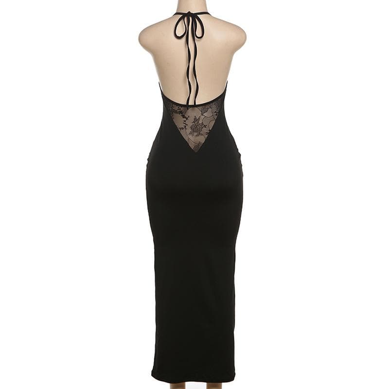 Halter v neck lace hem hollow out cut out maxi dress