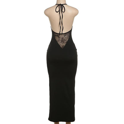 Halter v neck lace hem hollow out cut out maxi dress