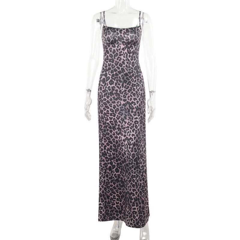 Leopard print square neck backless cami maxi dress