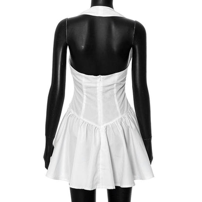 Halter ruched backless stitch zip-up mini dress