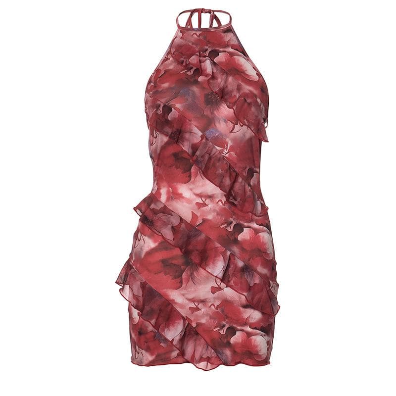 Halter self tie flower print backless ruffle mini dress