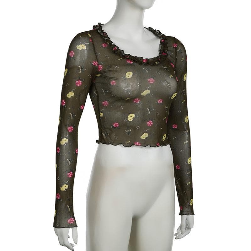 Long sleeve flower print mesh ruffle crop top