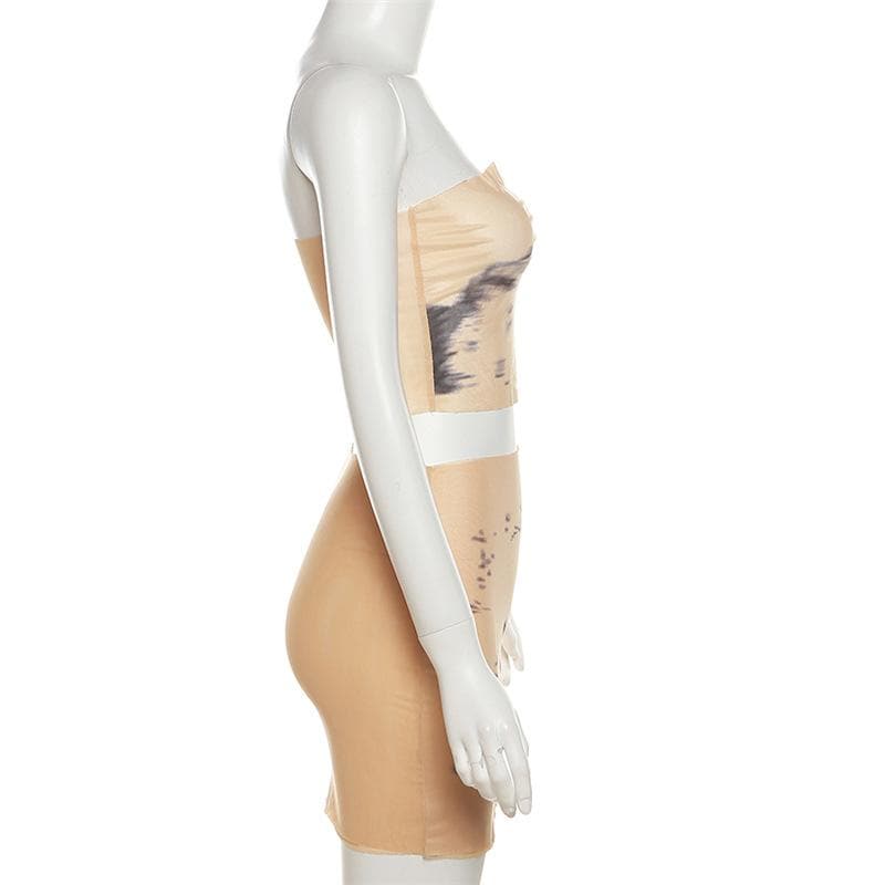 Tie dye contrast sheer mesh see through tube mini skirt set-final-sale