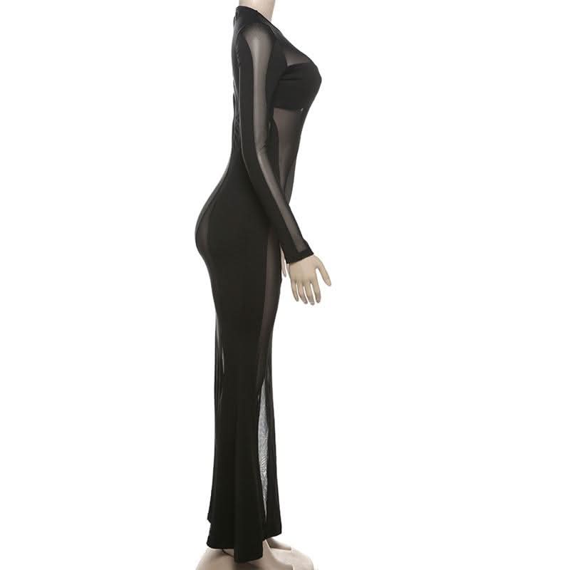 Long sleeve crewneck mesh patchwork maxi dress