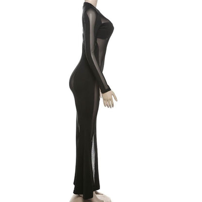 Long sleeve crewneck mesh patchwork maxi dress