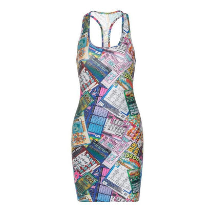 Lottery Ticket Print Scoop Neck Sleeveless Bodycon Mini Dress