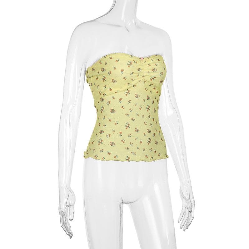 Ruched ruffle print flower applique tube top