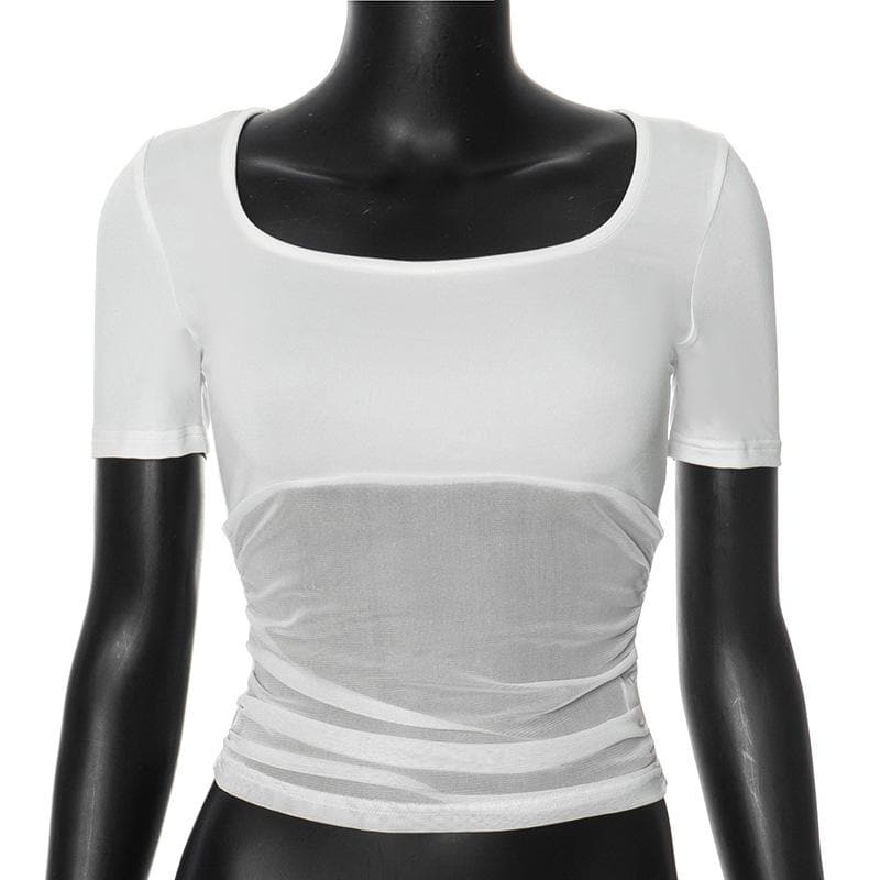 Short sleeve square neck mesh patchwork top