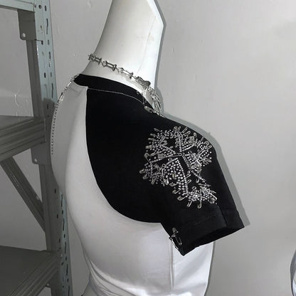 Cross pattern beaded mesh flower applique short pant set