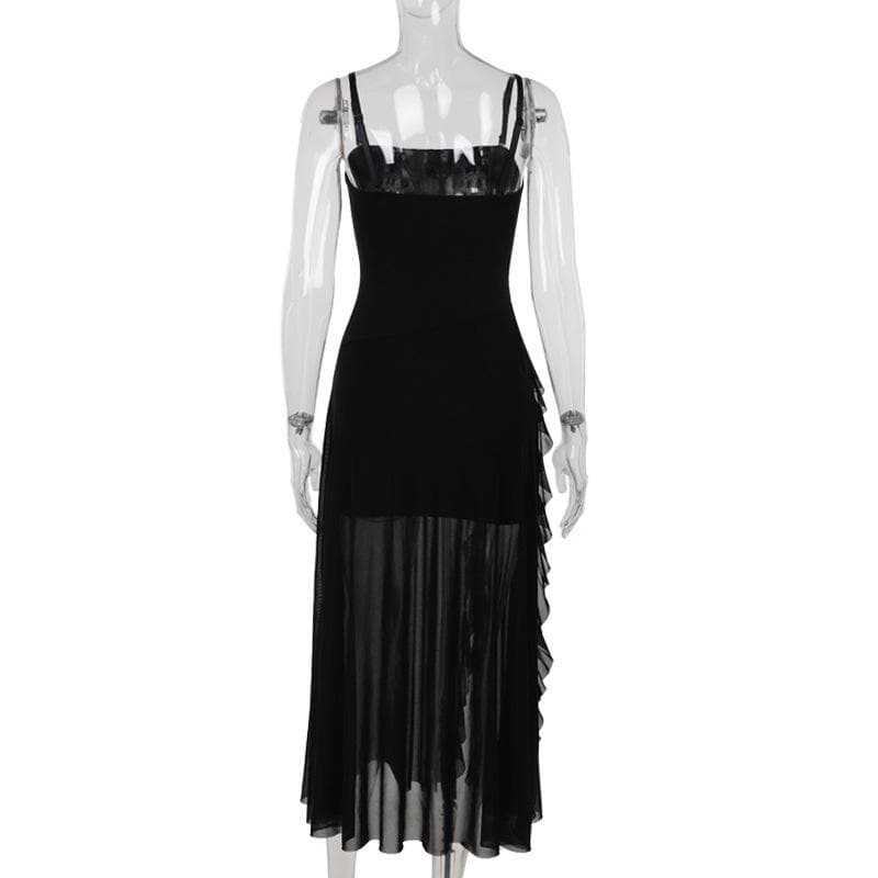 Mesh slit letter print ruffle cami maxi dress