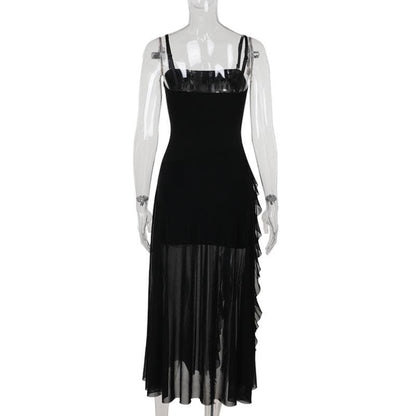 Mesh slit letter print ruffle cami maxi dress