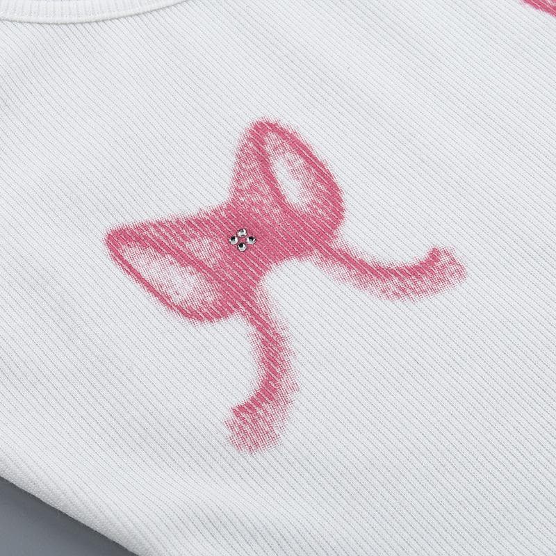 Bowknot pattern ribbed u neck contrast tank top