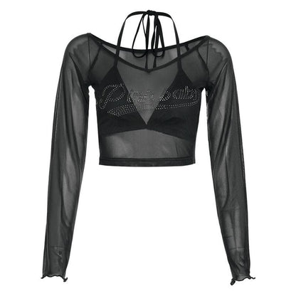 Mesh off shoulder long sleeve beaded halter 2 piece crop top