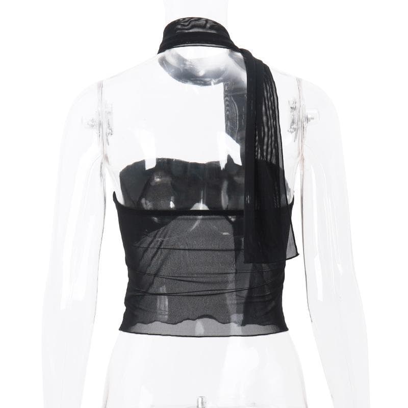 Sheer mesh backless buckle ruffle solid tube crop top
