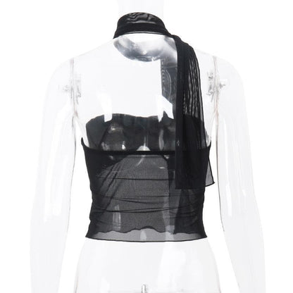Sheer mesh backless buckle ruffle solid tube crop top