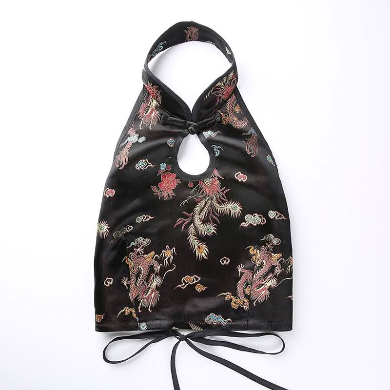 Halter backless self tie embroidery crop top