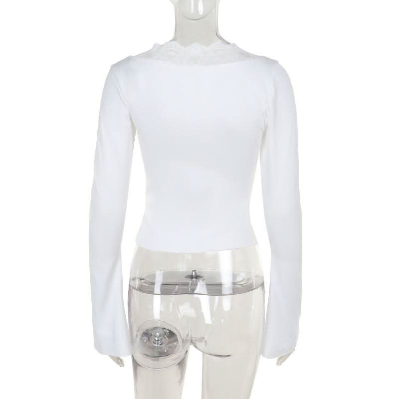 Long sleeve v neck lace hem button top