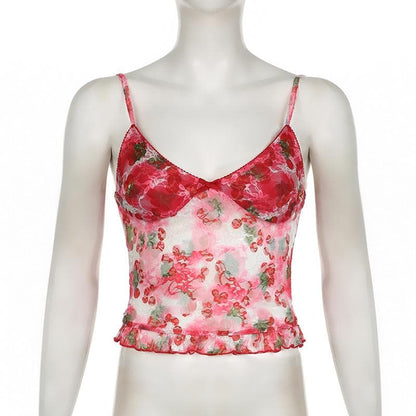 V neck flower print lace see through cami top