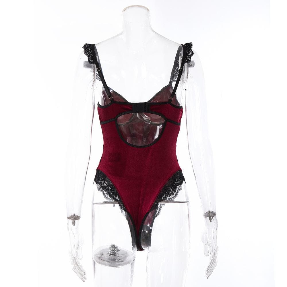 Velvet v neck lace button cami bodysuit
