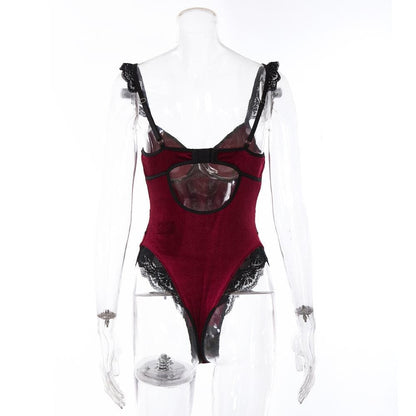 Velvet v neck lace button cami bodysuit