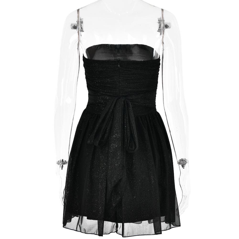 Ruched backless glitter mesh tube mini dress