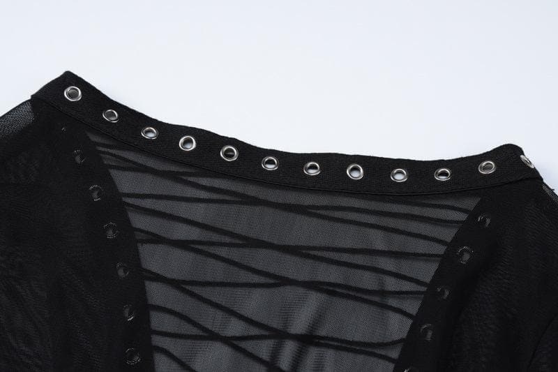 Studded Crew Neck Body Print Sheer Mesh Long Sleeve Maxi Dress