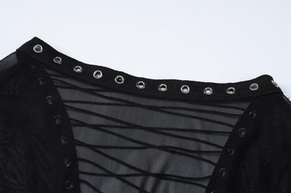 Studded Crew Neck Body Print Sheer Mesh Long Sleeve Maxi Dress