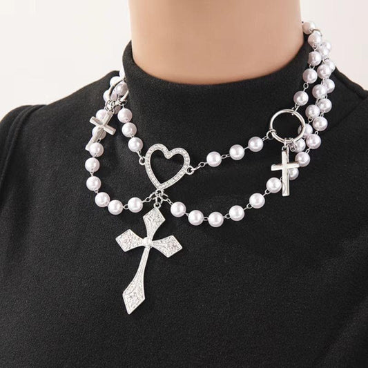 O ring faux pearl layered cross pendant choker necklace
