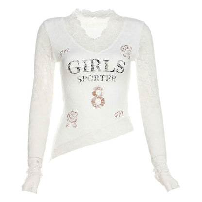 Long sleeve v neck lace print top