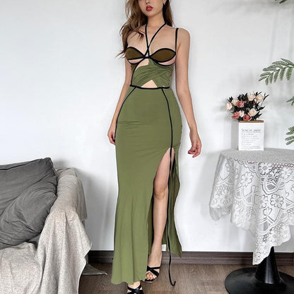 Halter contrast hollow out slit cami cut out midi dress
