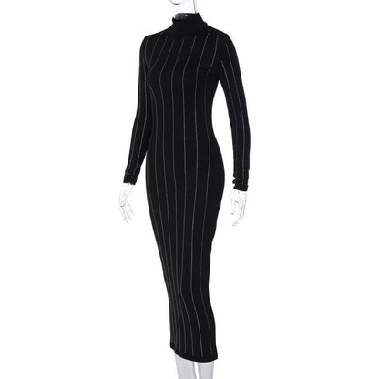 Mock Neck Long Sleeve Rhinestone Pinstripe Bodycon Midi Dress