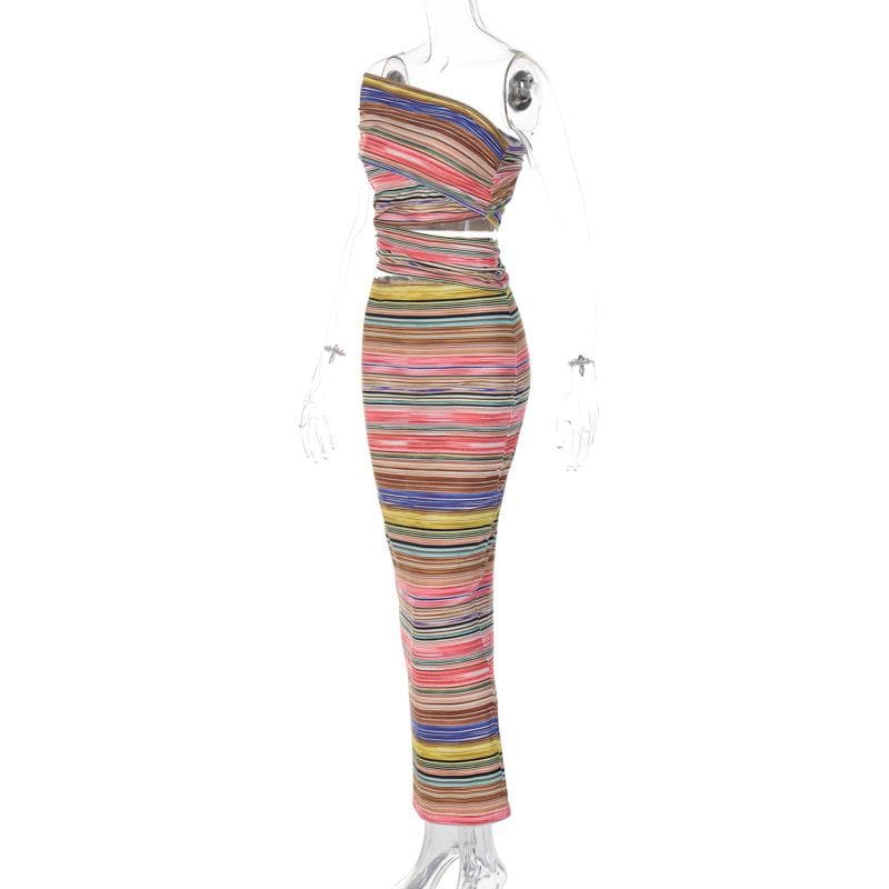 One shoulder contrast striped hollow out slit cut out maxi dress